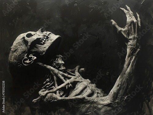 Skeleton with recursive hands, abyss black, Editorial surreal, layered depth, sharp detail