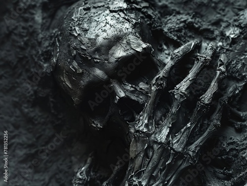 Skeleton with recursive hands, abyss black, Editorial surreal, layered depth, sharp detail