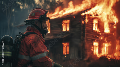 serious male firefighter in uniform and helmet extinguishes a burning house from a hose, professional, rescuer, disaster, fire, danger, man, flame, fireman, smoke, people, night, dark, person