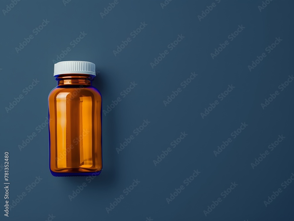 Medicine bottle isolated on navy blue background copy space for text Medicine bottle isolated on navy blue background copy space for text