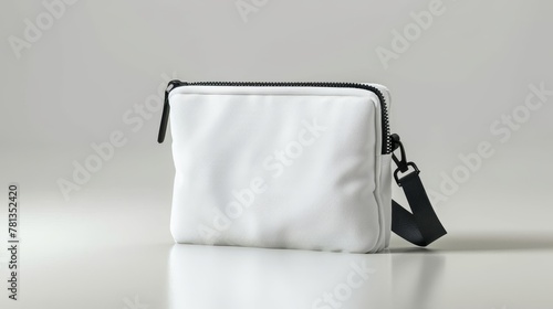 A small cosmetic bag for travel that features a zipper for makeup and beauty tools. This modern mockup shows a blank fabric pouch with a zip for toiletries, soap, and body care products. photo