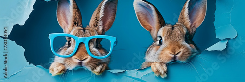 A cute bunny wearing stylish blue glasses is peeking through a torn blue paper, giving a cheeky yet adorable look photo