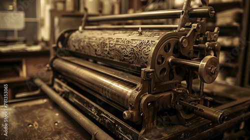 Vintage printing press, steampunk modification, sepia lighting, side angle, soft focus. photo