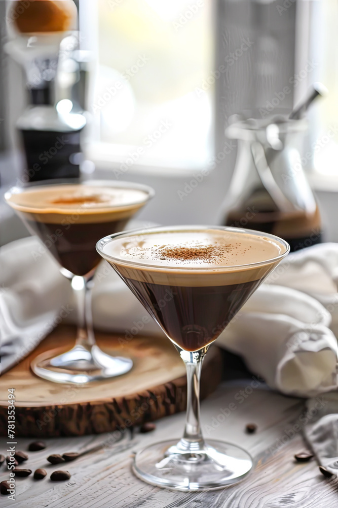 Ein Espresso Martini mit Schaum darauf, umgeben von verstreuten Kaffeebohnen auf dem Tisch. Das Getränk befindet sich in einem eleganten Glas und hat eine satte Farbe, die seine Textur widerspiegelt Ein Espresso Martini mit Schaum darauf, umgeben von verstreuten Kaffeebohnen auf dem Tisch. Das Getränk befindet sich in einem eleganten Glas und hat eine satte Farbe, die seine Textur widerspiegelt