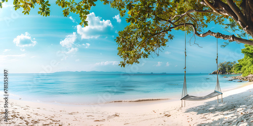 A swing on a tropical beach with a palm tree on the beach © Muhammad