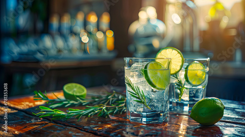 Gin Tonic Cocktail, umgeben von verstreutenWacholder auf dem Tisch. Das Getränk befindet sich in einem eleganten Glas und hat eine satte Farbe.
 photo
