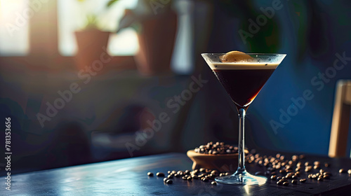 Ein Espresso Martini mit Schaum darauf, umgeben von verstreuten Kaffeebohnen auf dem Tisch. Das Getränk befindet sich in einem eleganten Glas und hat eine satte Farbe, die seine Textur widerspiegelt  photo