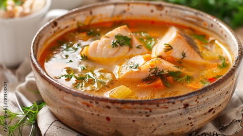 tuna seafood fish suop in a ceramic bowl photo