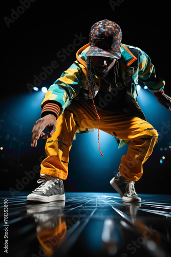 A determined breakdancer showcasing incredible moves on a dark blue dance floor, illuminated by vibrant spotlights in yellow and green.