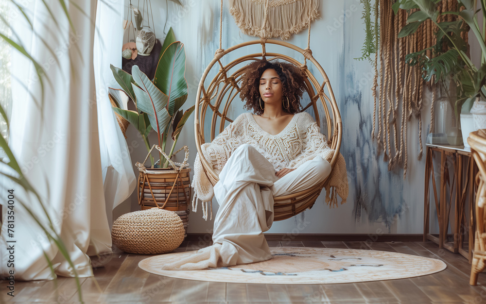  Finding tranquility at home, a woman sits in stylish rattan chair surrounded by lush green plants, creating a serene retreat in tranquil space, embracing calming ambiance of her botanical sanctuary