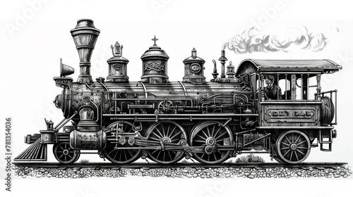 Steampunk steam locomotive, sketch engraving style, generative AI raster, scratch board imitation, black and white.