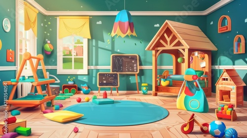 Imaginative kids playroom interior with montessori wooden toys, furniture and equipment for games, wooden house, blackboard and desk for children. Cartoon modern illustration. photo