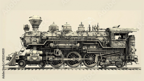 Steampunk steam locomotive, sketch engraving style, generative AI raster, scratch board imitation, black and white.