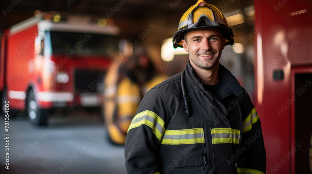 smiling male firefighter in a red uniform and fire helmet against the background of a fire station, cars, extinguishing, professional, specialist, rescuer smiling male firefighter in a red uniform and fire helmet against the background of a fire station, cars, extinguishing, professional, specialist, rescuer