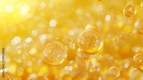 A macro shot of translucent yellow bubbles oil representing a concept of cells or molecules in a liquid medium