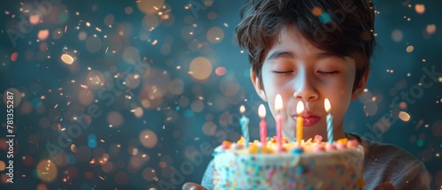 An illustrated person making a wish before blowing out birthday candles photo
