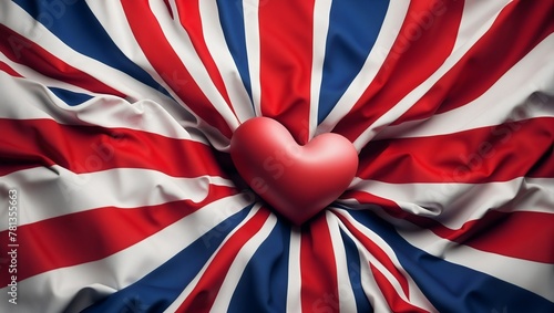 A red heart in the middle and which rests on the design of the British flag, symbolizes the nation's rich heritage and unity, patriotic background, union jack, country