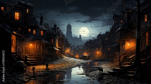 A black cat crossing a moonlit cobblestone street shadowy figures in the background © 3DFUTURE