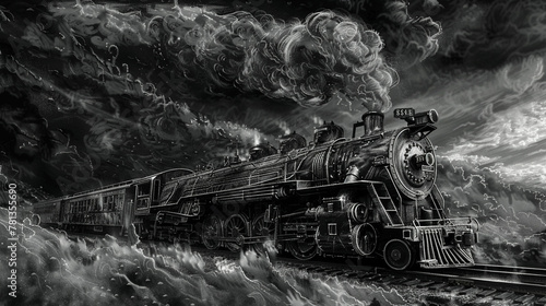 Steam engine train, steampunk sketch, generative AI, engraving look, scratch board, monochrome.