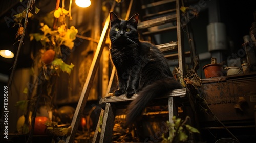 A black cat lounging under a ladder