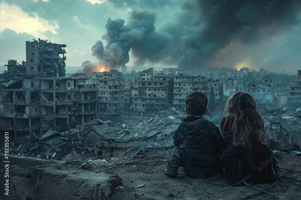 Witness the poignant portrayal of innocence lost as children sit before a city devastated by war, with tanks firing in the distance amid billows of smoke - obrazy, fototapety, plakaty 