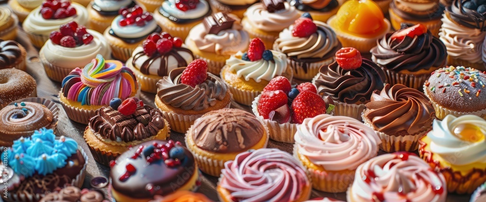 A close up photo of many different types and shapes of pastries, with some chocolate covered and fruit tarts in the top right corner