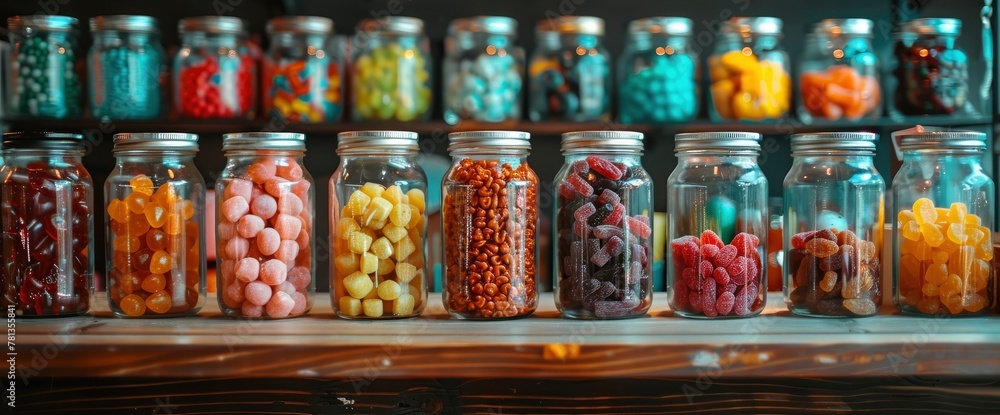 A closeup of glass jars filled with colorful candies and dried fruits, arranged on shelves in an old-fashioned candy shop
