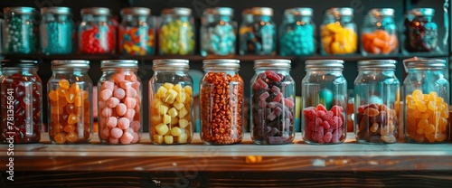 A closeup of glass jars filled with colorful candies and dried fruits, arranged on shelves in an old-fashioned candy shop