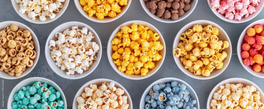 A variety of popcorn in bowls, including classic yellow and white churro style, colorful sweetand sour swirls, chocolate covered popcorn A variety of popcorn in bowls, including classic yellow and white churro style, colorful sweetand sour swirls, chocolate covered popcorn