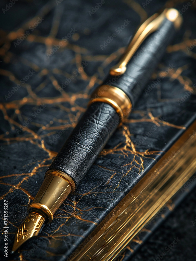 A black fountain pen is lying on a black notebook A black fountain pen is lying on a black notebook