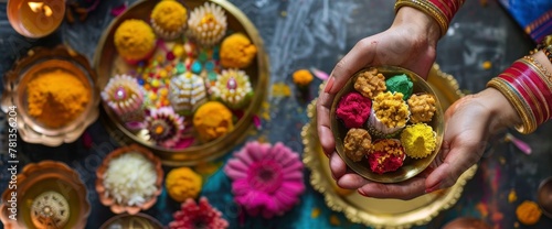 A top view of hands reaching for sweets, surrounded by colorful candies and bonbons on a wooden table