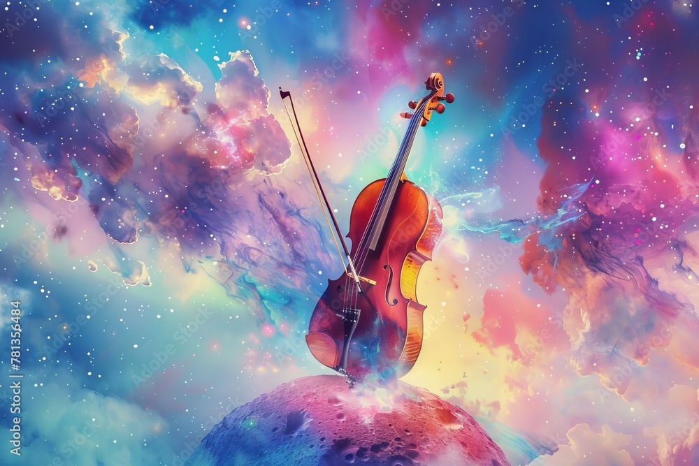Cello standing on an asteroid, bow drawing colorful nebulas from the strings, surrounded by a fantasy cosmic dance, clear and enchanting