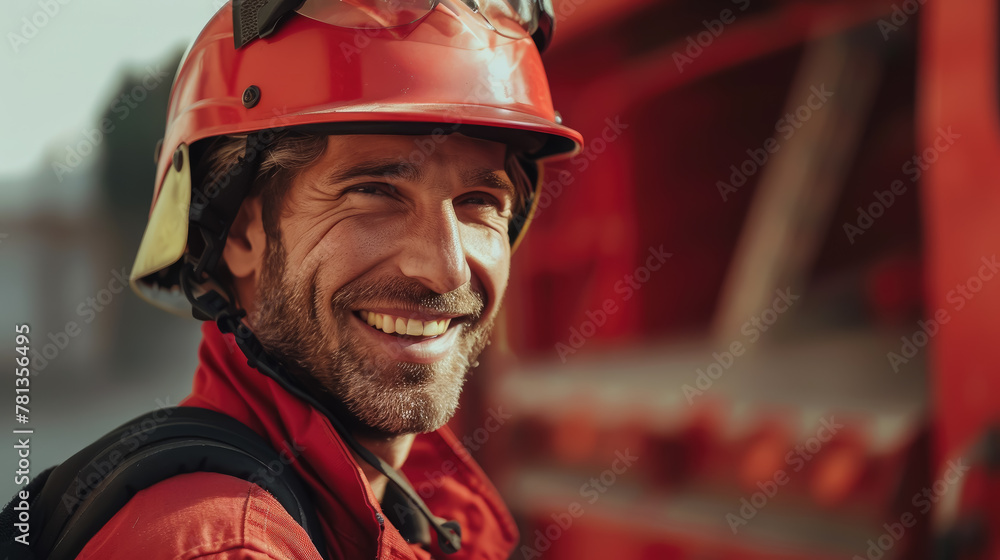 smiling male firefighter in a red uniform and fire helmet against the background of a fire station, cars, extinguishing, professional, specialist, rescuer smiling male firefighter in a red uniform and fire helmet against the background of a fire station, cars, extinguishing, professional, specialist, rescuer