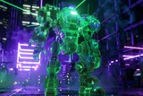Battle mech wireframe, standing in a digital holofield, vibrant green and purple hues, side view, sharp details