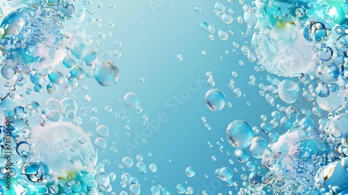 Border with bubbles of water, soda, beer, or carbonated soda on transparent background. 3D modern frame with realistic underwater fizzing droplets.