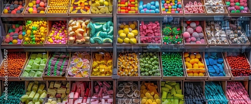 A vibrant display of colorful candies in various shapes and sizes, arranged neatly 