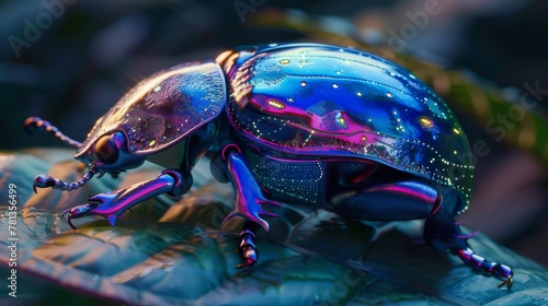 Cybernetic beetle, armored shell, closeup, metallic blues and purples, against a moonlit leaf, alien beauty