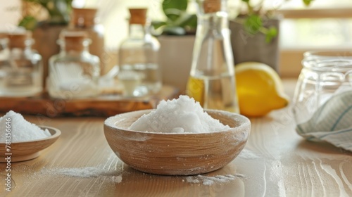 Eco-friendly natural cleaners. Vinegar, baking soda, and lemon on white background.