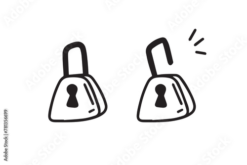 Open closed doodle lock. Hand drawn sketch style. the concept of lock and unlock. Two options