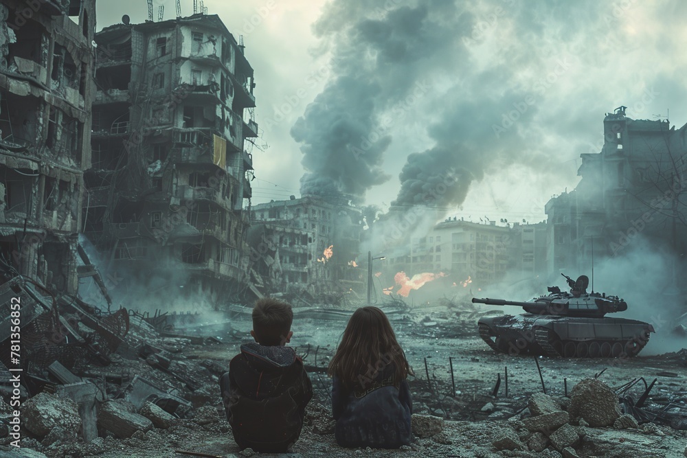 Witness the poignant portrayal of innocence lost as children sit before a city devastated by war, with tanks firing in the distance amid billows of smoke - obrazy, fototapety, plakaty 