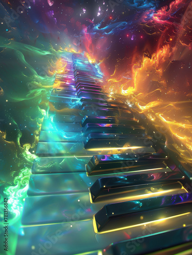 Keyboard synthesizer, each key a portal to different dimensions of space, playing a melody of colorful auroras, fantasy and detailed photo