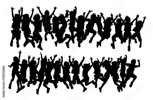 Many kid jumping cheerfully on grass, kids Jumping Silhouette, Vector silhouette of children playing