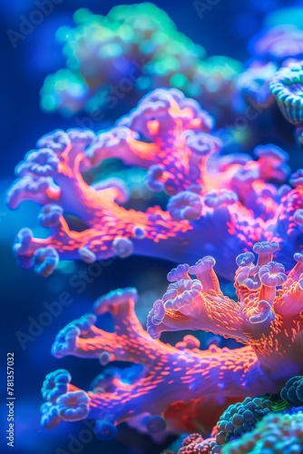 Robotic coral, underwater scene, closeup, glowing with vibrant colors against the ocean blue, serene and fascinating © kitinut