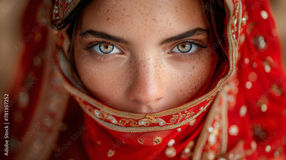 Close-up portrait of a woman with striking blue eyes, wearing a vibrant red scarf with intricate gold patterns, highlighting her freckled skin and captivating gaze.