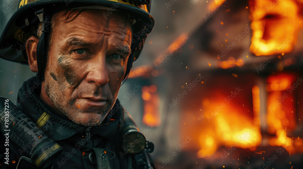 serious male firefighter in uniform and helmet extinguishes a burning house from a hose, professional, rescuer, disaster, fire, danger, man, flame, fireman, smoke, people, night, dark, person serious male firefighter in uniform and helmet extinguishes a burning house from a hose, professional, rescuer, disaster, fire, danger, man, flame, fireman, smoke, people, night, dark, person