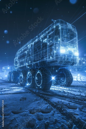 Wireframe snow vehicles in arctic exploration, twilight, icy blue and white highlights, extreme environment, vivid and detailed photo