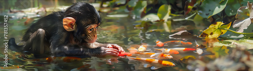 A baby monkey plays with koi fish in a clear and beautiful swamp.