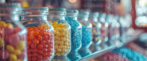 Closeup of glass jars with candies in the candy shop , focus stacking technique