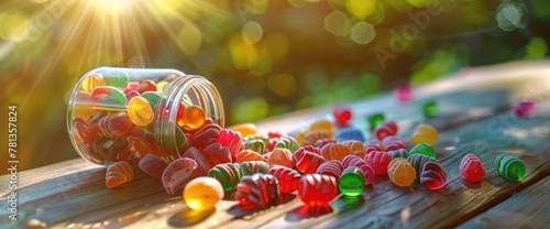 Colorful candies and gummies spilling out of a glass jar on a wooden table. Candy background with colorful sweets 