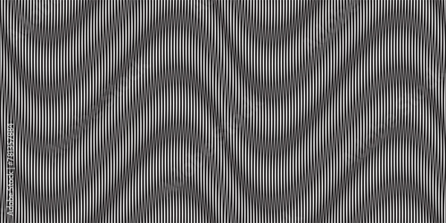Optical effect of surreal psychedelic texture. Moire seamless pattern with grunge waves. Black and white abstract bg. Simple pattern with lines